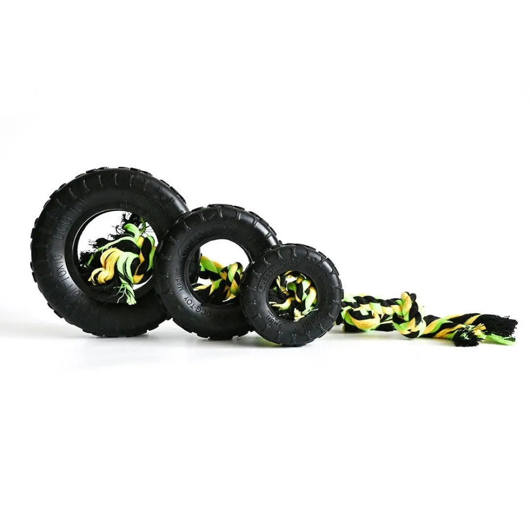 Dog Tire Chew Toy with Rope, Durable Rubber Pet Bite Toy,Tug of War Fetch Toy